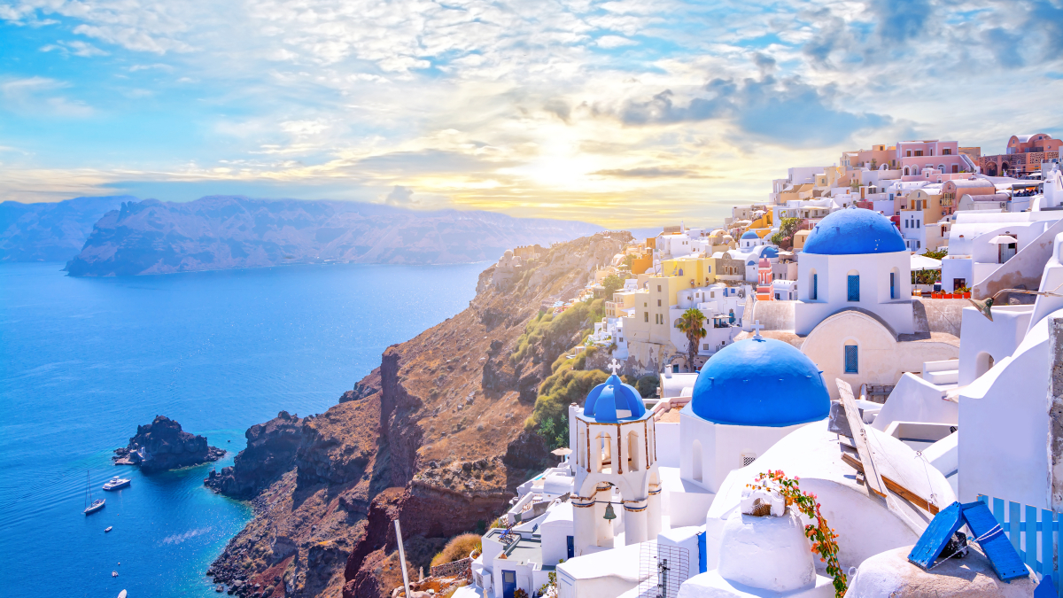 Greek town and coastline at sunrise